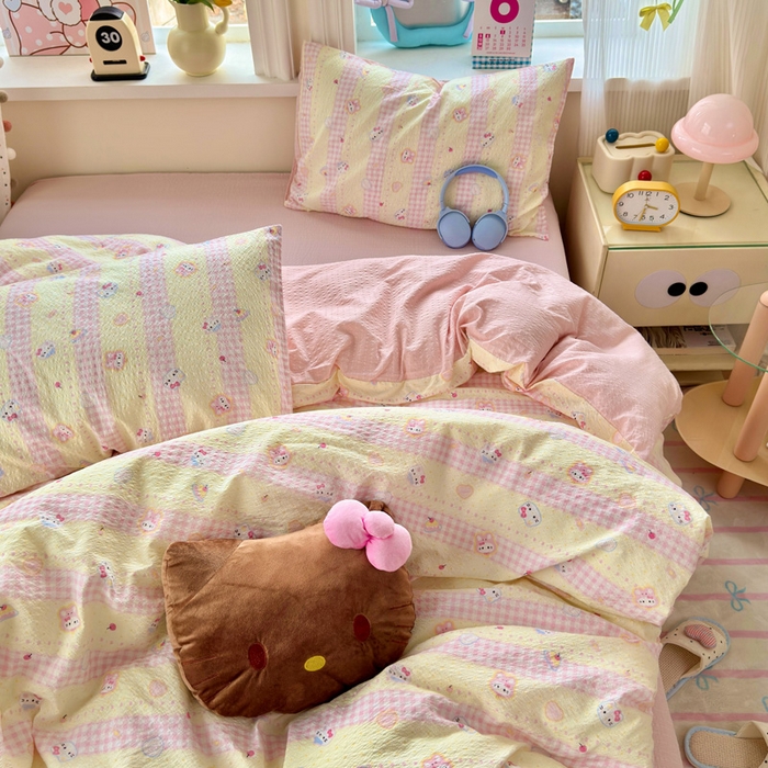 91家纺网 家纺一手货源 找家纺 星禾优选 2026新款A类泡芙纱印花四件套 黄粉萌团