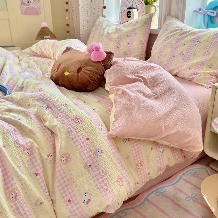 91家纺网 家纺一手货源 找家纺 星禾优选 2026新款A类泡芙纱印花四件套 黄粉萌团