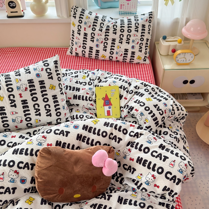 91家纺网 家纺一手货源 找家纺 星禾优选 2026新款A类泡芙纱印花四件套 猫系字母