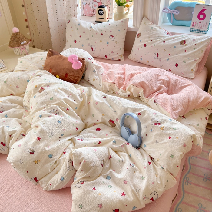 91家纺网 家纺一手货源 找家纺 星禾优选 2026新款A类泡芙纱印花四件套 星芒凯蒂