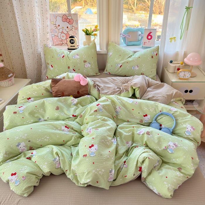 星禾优选 2026新款A类泡芙纱印花四件套 小猫拉车