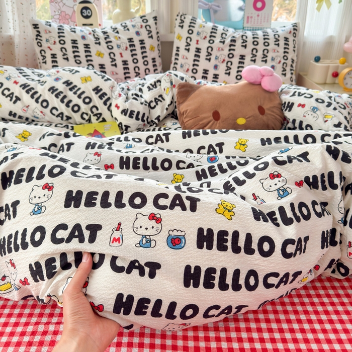 91家纺网 家纺一手货源 找家纺 星禾优选 2026新款A类泡芙纱印花四件套 猫系字母