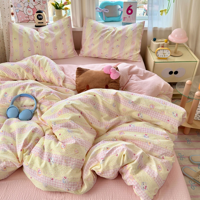 91家纺网 家纺一手货源 找家纺 星禾优选 2026新款A类泡芙纱印花四件套 黄粉萌团