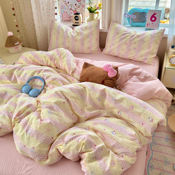 91家纺网 家纺一手货源 找家纺 星禾优选 2026新款A类泡芙纱印花四件套 黄粉萌团