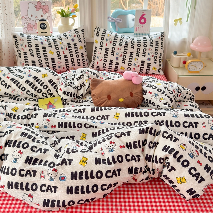 91家纺网 家纺一手货源 找家纺 星禾优选 2026新款A类泡芙纱印花四件套 猫系字母