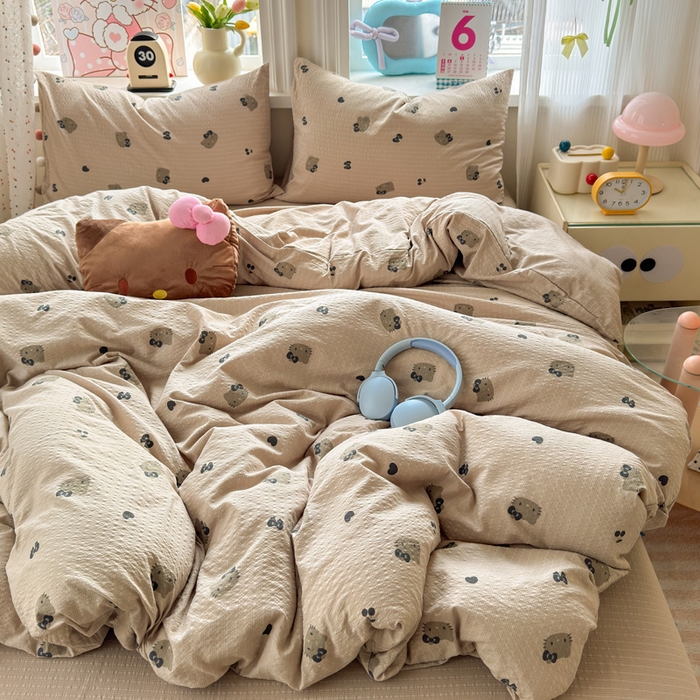 91家纺网 家纺一手货源 找家纺 星禾优选 2026新款A类泡芙纱印花四件套 咖啡小猫