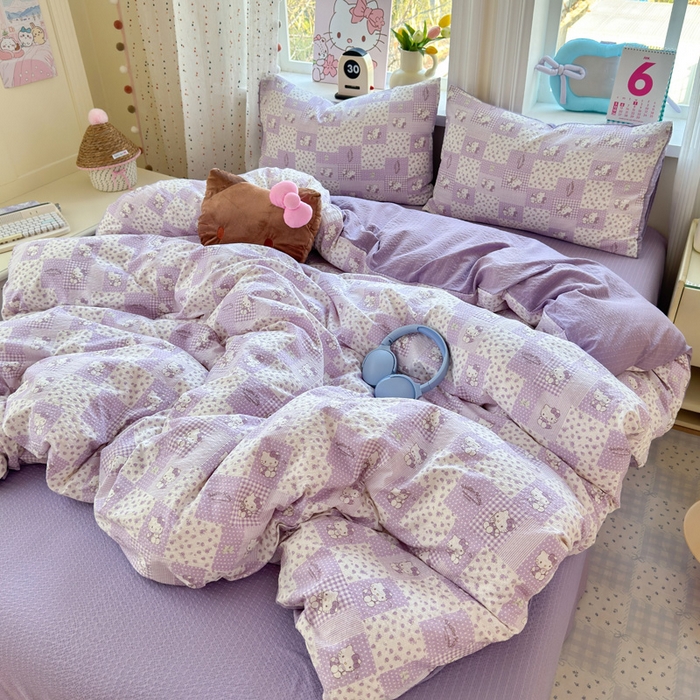 91家纺网 家纺一手货源 找家纺 星禾优选 2026新款A类泡芙纱印花四件套 软紫格猫