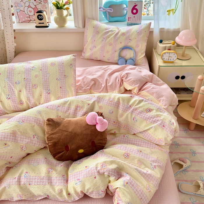 91家纺网 家纺一手货源 找家纺 星禾优选 2026新款A类泡芙纱印花四件套 黄粉萌团