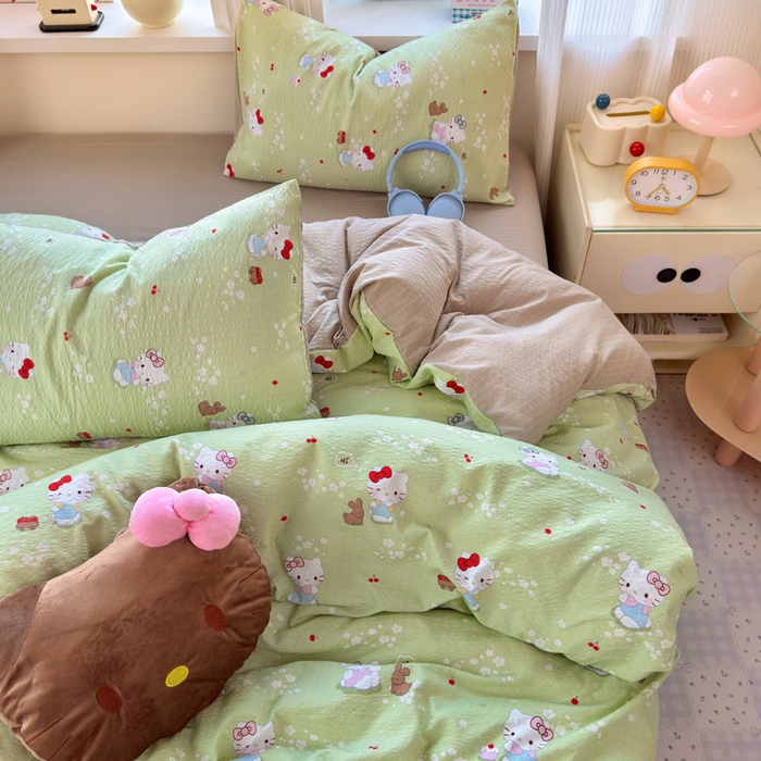 91家纺网 家纺一手货源 找家纺 星禾优选 2026新款A类泡芙纱印花四件套 小猫拉车