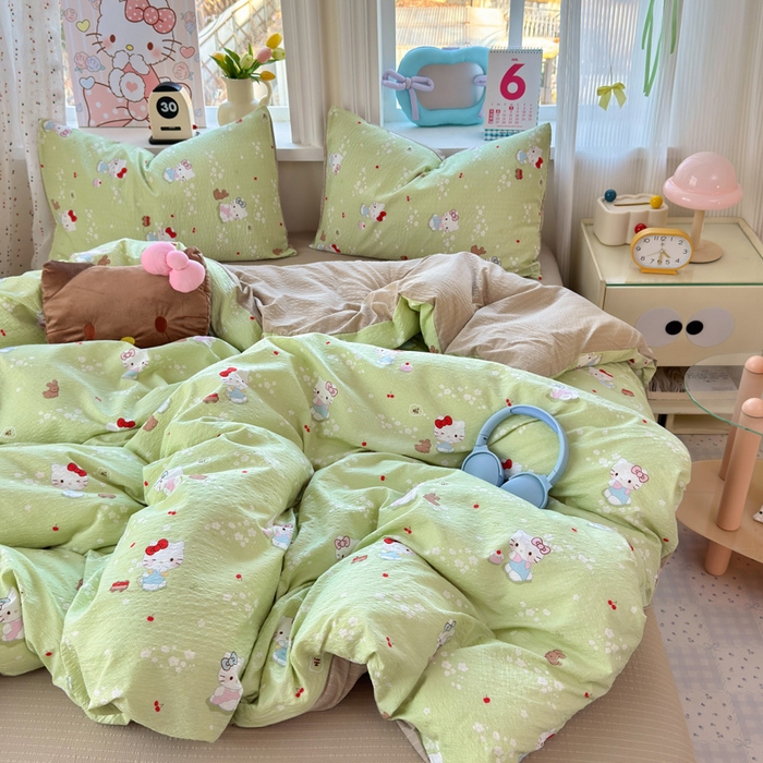 91家纺网 家纺一手货源 找家纺 星禾优选 2026新款A类泡芙纱印花四件套 小猫拉车