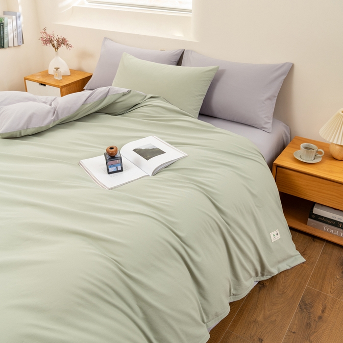 91家纺网 家纺一手货源 找家纺 居美良品 2026新款100%全棉色织水洗棉被套A类纯棉被罩单品被套被套单件 松绿-灰