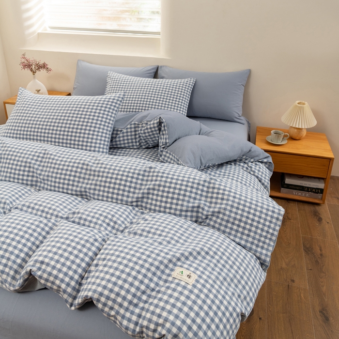 91家纺网 家纺一手货源 找家纺 居美良品 2026新款100%全棉色织水洗棉被套A类纯棉被罩单品被套被套单件 蓝小格