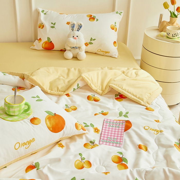 91家纺网 家纺一手货源 找家纺 卡斯诺家纺馆 2026新款水洗棉麻双层纱夏被夏凉被空调被 橙意满满