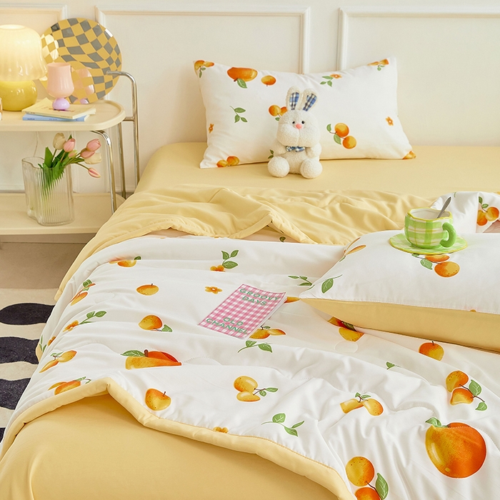 91家纺网 家纺一手货源 找家纺 卡斯诺家纺馆 2026新款水洗棉麻双层纱夏被夏凉被空调被 橙意满满