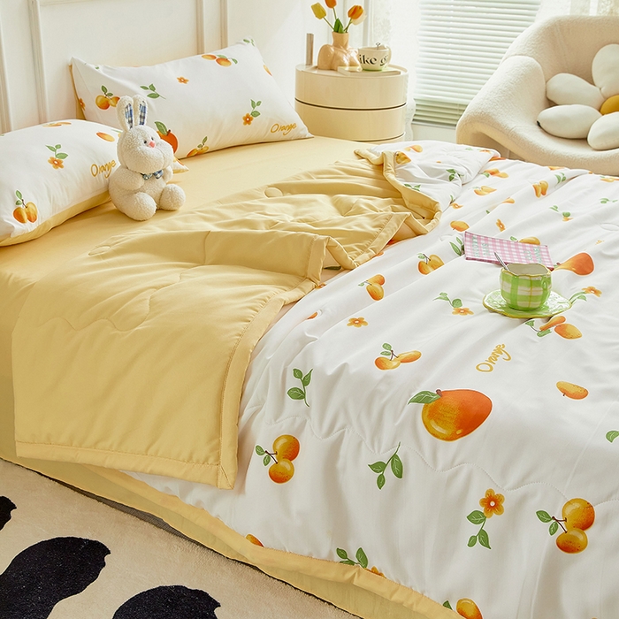 91家纺网 家纺一手货源 找家纺 卡斯诺家纺馆 2026新款水洗棉麻双层纱夏被夏凉被空调被 橙意满满