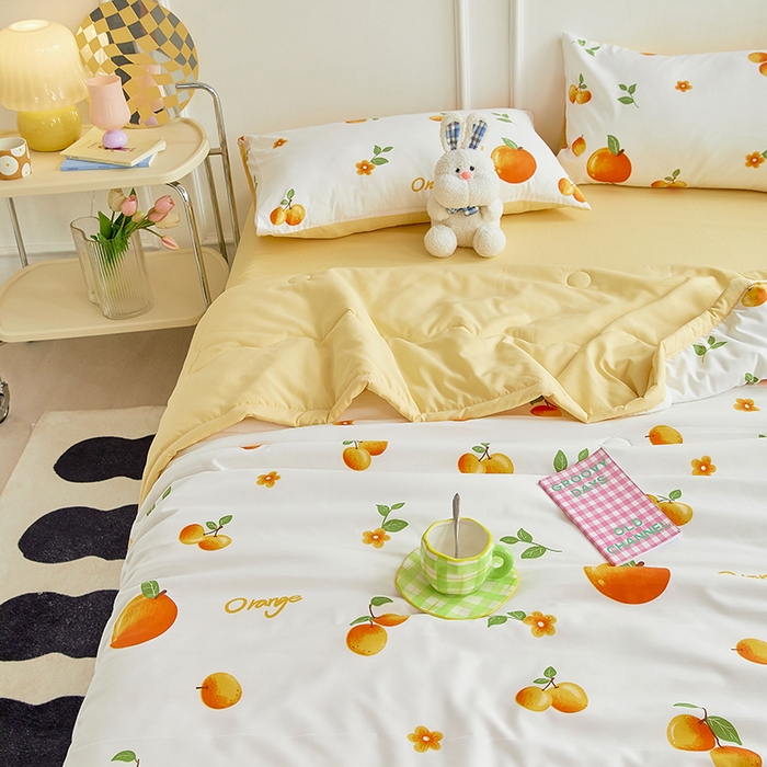 91家纺网 家纺一手货源 找家纺 卡斯诺家纺馆 2026新款水洗棉麻双层纱夏被夏凉被空调被 橙意满满