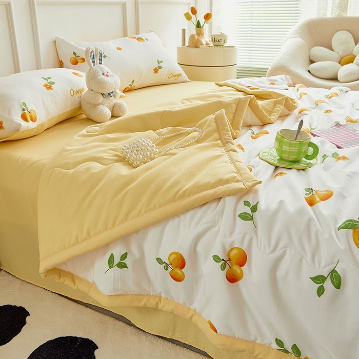 91家纺网 家纺一手货源 找家纺 卡斯诺家纺馆 2026新款水洗棉麻双层纱夏被夏凉被空调被 橙意满满