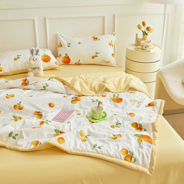 91家纺网 家纺一手货源 找家纺 卡斯诺家纺馆 2026新款水洗棉麻双层纱夏被夏凉被空调被 橙意满满