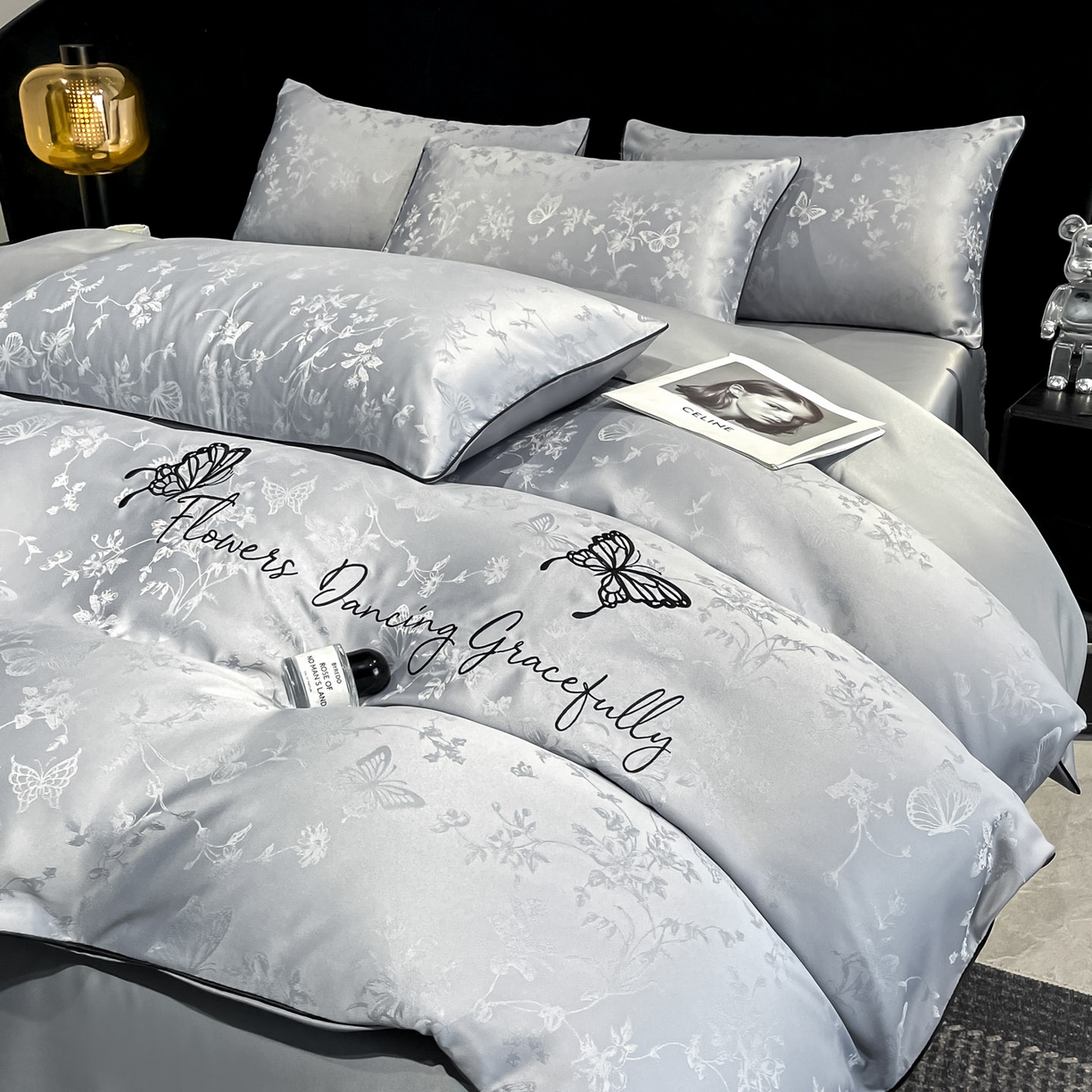 91家纺网 家纺一手货源 找家纺 慕澄家纺 2026新款厚织亮丝提花刺绣水洗真丝四件套 蝶恋花-烟青灰