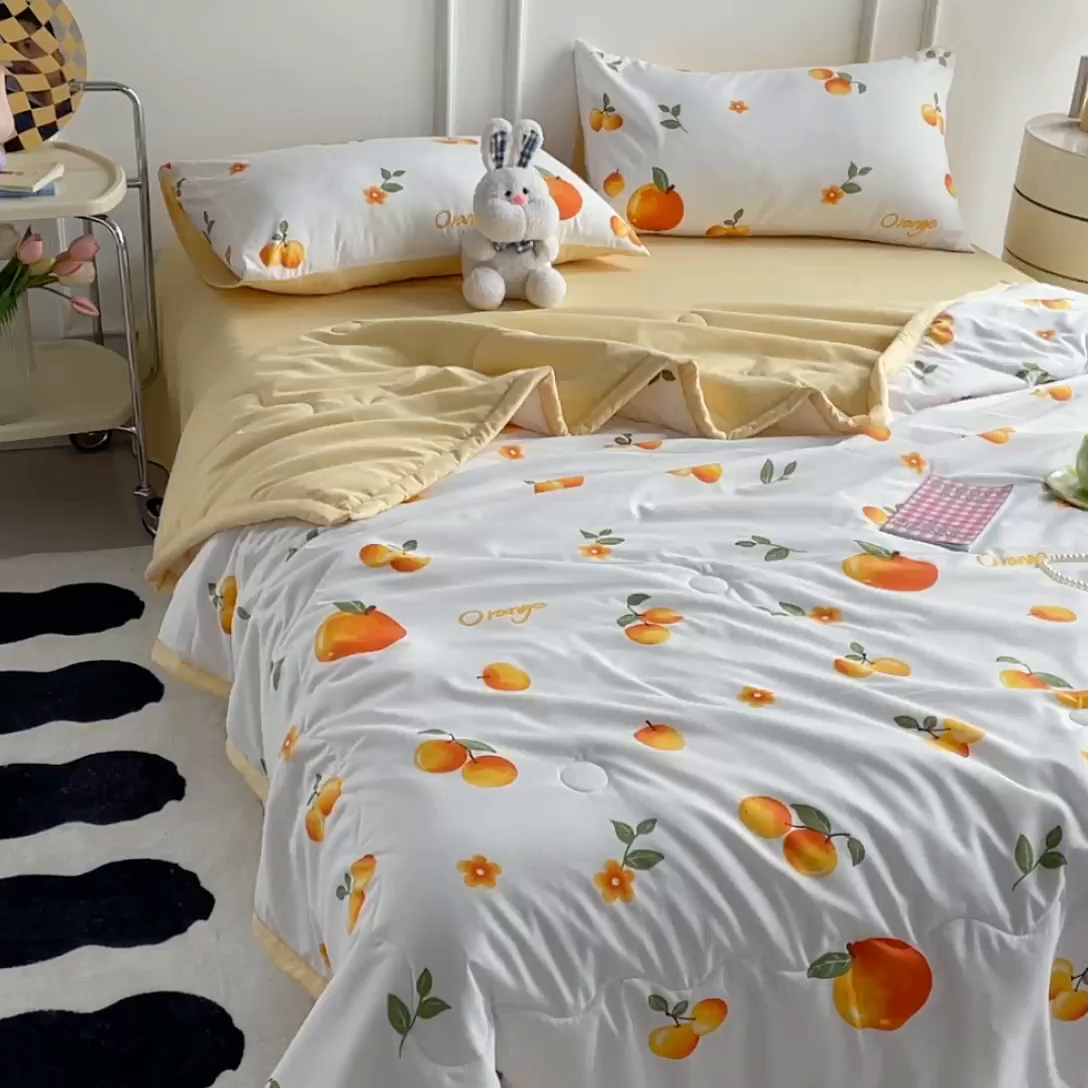 91家纺网 家纺一手货源 找家纺 卡斯诺家纺馆 2026新款水洗棉麻双层纱夏被夏凉被空调被 橙意满满