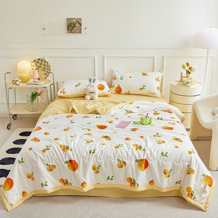 91家纺网 家纺一手货源 找家纺 卡斯诺家纺馆 2026新款水洗棉麻双层纱夏被夏凉被空调被 橙意满满