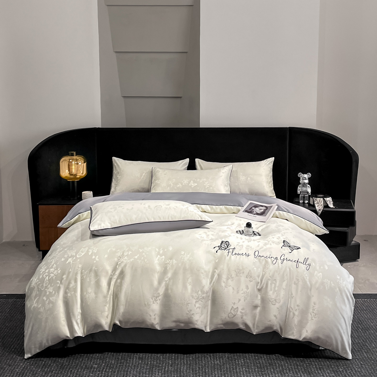 91家纺网 家纺一手货源 找家纺 慕澄家纺 2026新款厚织亮丝提花刺绣水洗真丝四件套 蝶恋花-白+灰