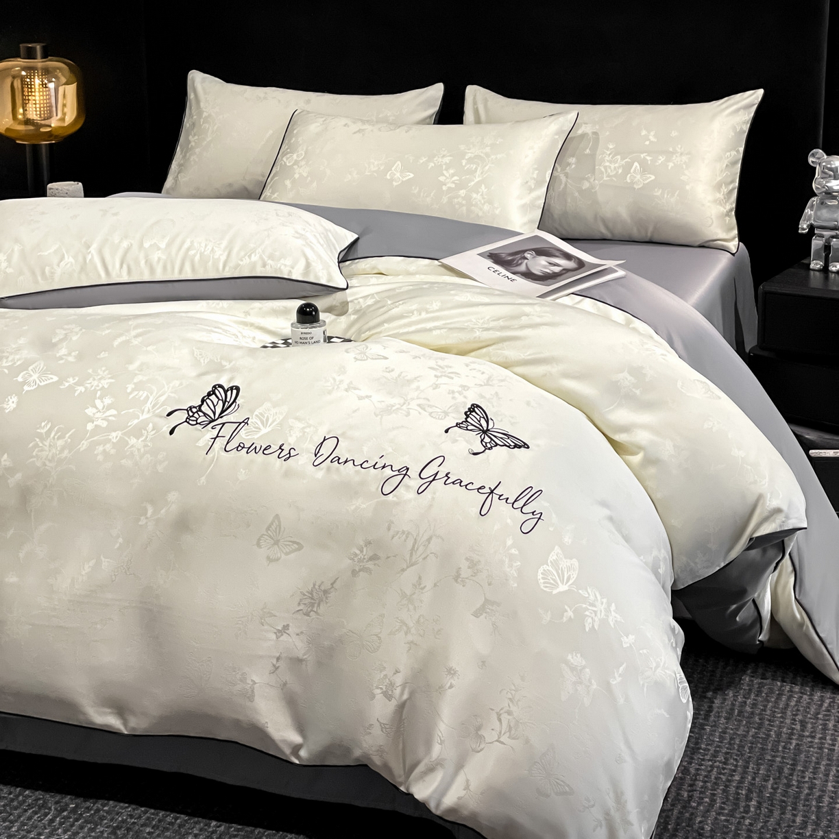 91家纺网 家纺一手货源 找家纺 慕澄家纺 2026新款厚织亮丝提花刺绣水洗真丝四件套 蝶恋花-白+灰