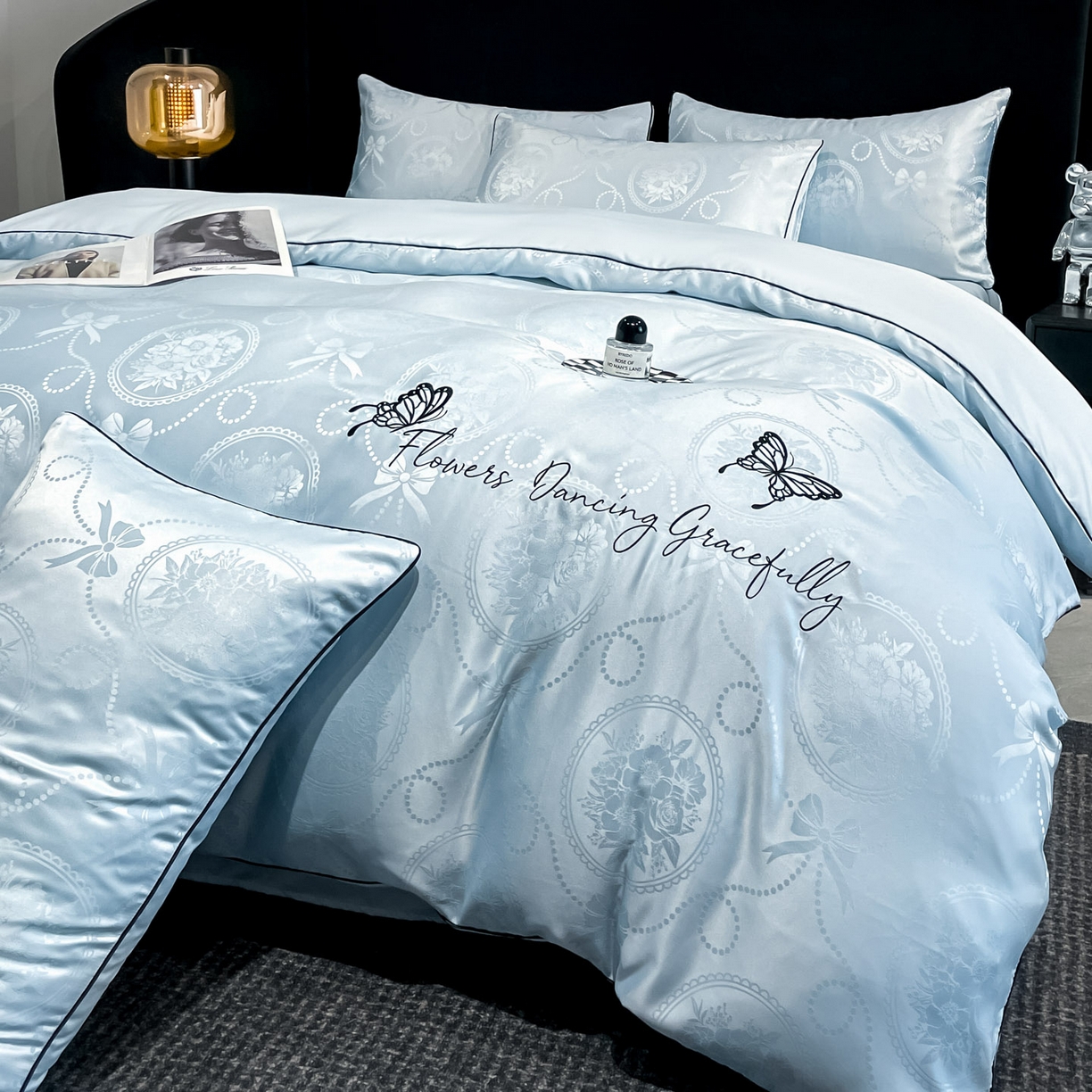 慕澄家纺 2026新款厚织亮丝提花刺绣水洗真丝四件套 蝶恋花-冰蓝