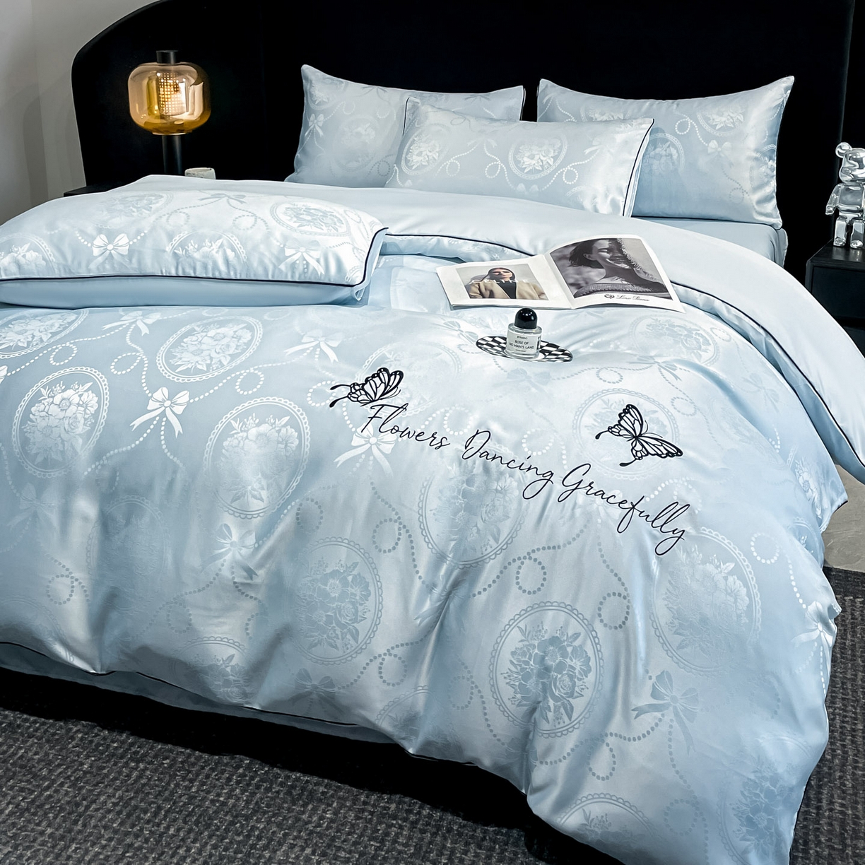 91家纺网 家纺一手货源 找家纺 慕澄家纺 2026新款厚织亮丝提花刺绣水洗真丝四件套 蝶恋花-冰蓝