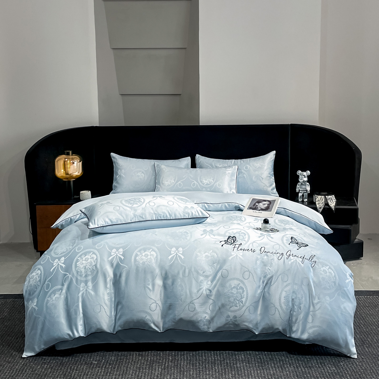 91家纺网 家纺一手货源 找家纺 慕澄家纺 2026新款厚织亮丝提花刺绣水洗真丝四件套 蝶恋花-冰蓝