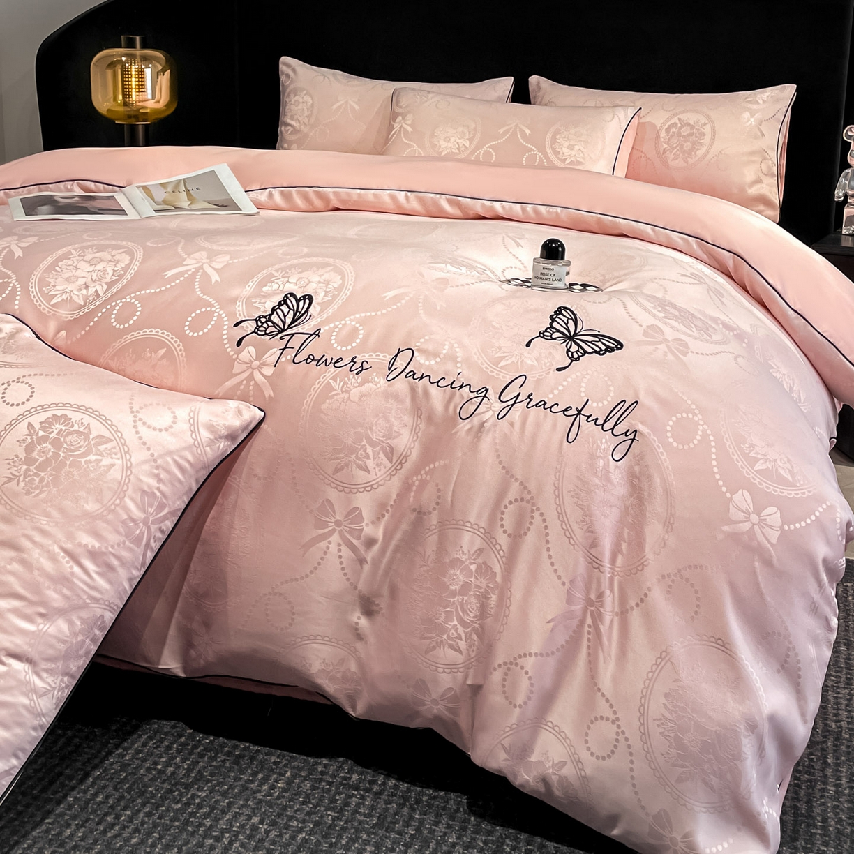 慕澄家纺 2026新款厚织亮丝提花刺绣水洗真丝四件套 蝶恋花-蔷薇粉