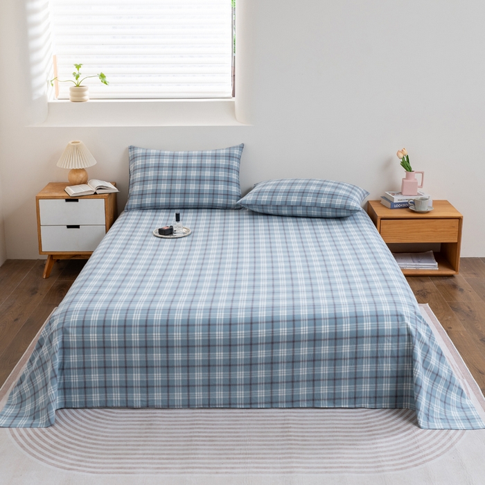 91家纺网 家纺一手货源 找家纺 居美良品 2026新款100%全棉色织水洗棉A类纯棉床单单品床单床单单件 迷雾-蓝