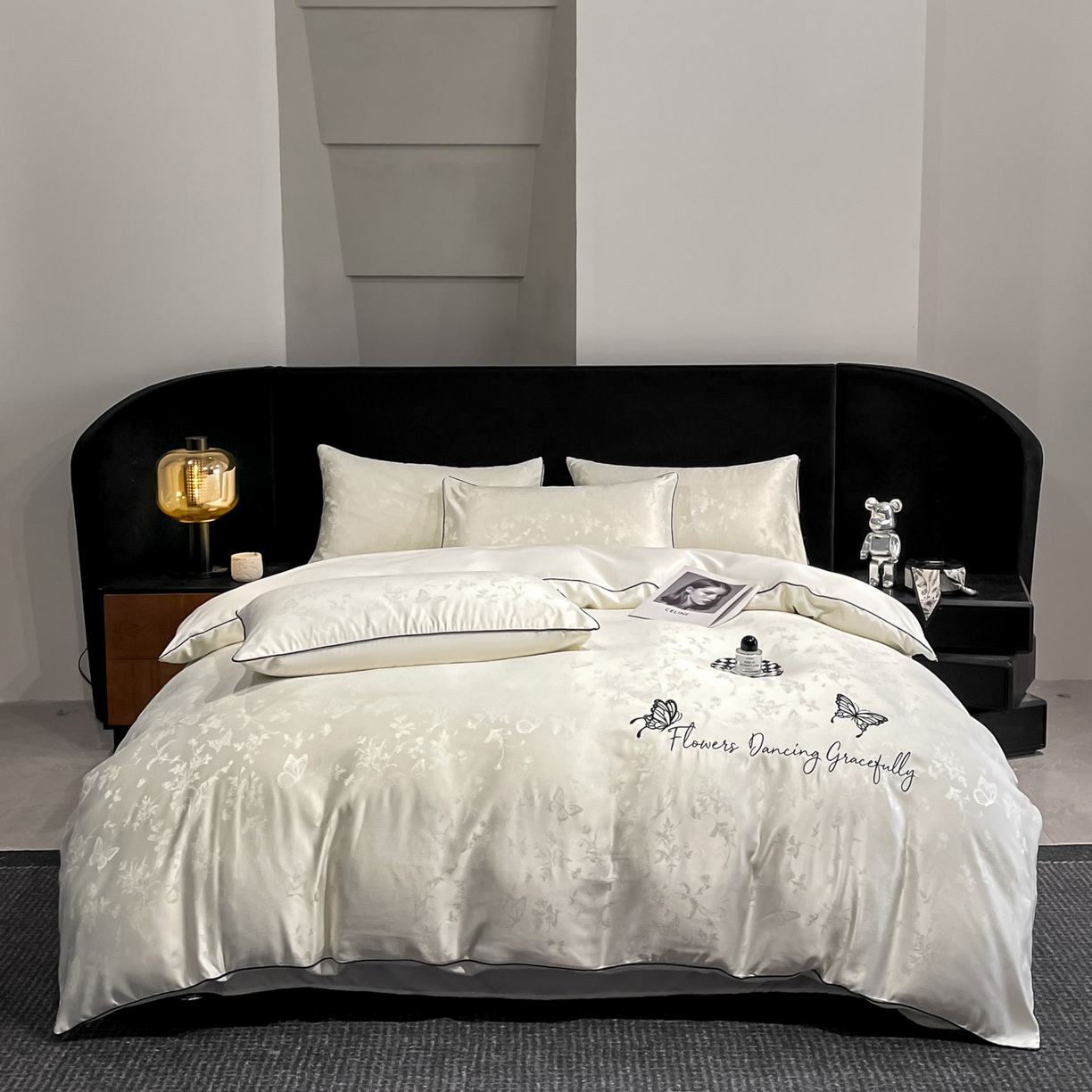 91家纺网 家纺一手货源 找家纺 慕澄家纺 2026新款厚织亮丝提花刺绣水洗真丝四件套 蝶恋花-霜白