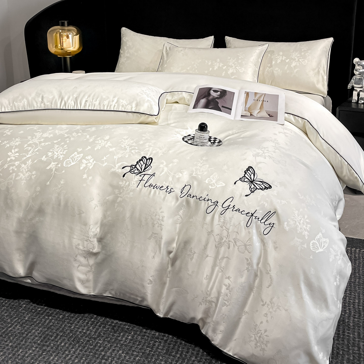 91家纺网 家纺一手货源 找家纺 慕澄家纺 2026新款厚织亮丝提花刺绣水洗真丝四件套 蝶恋花-霜白