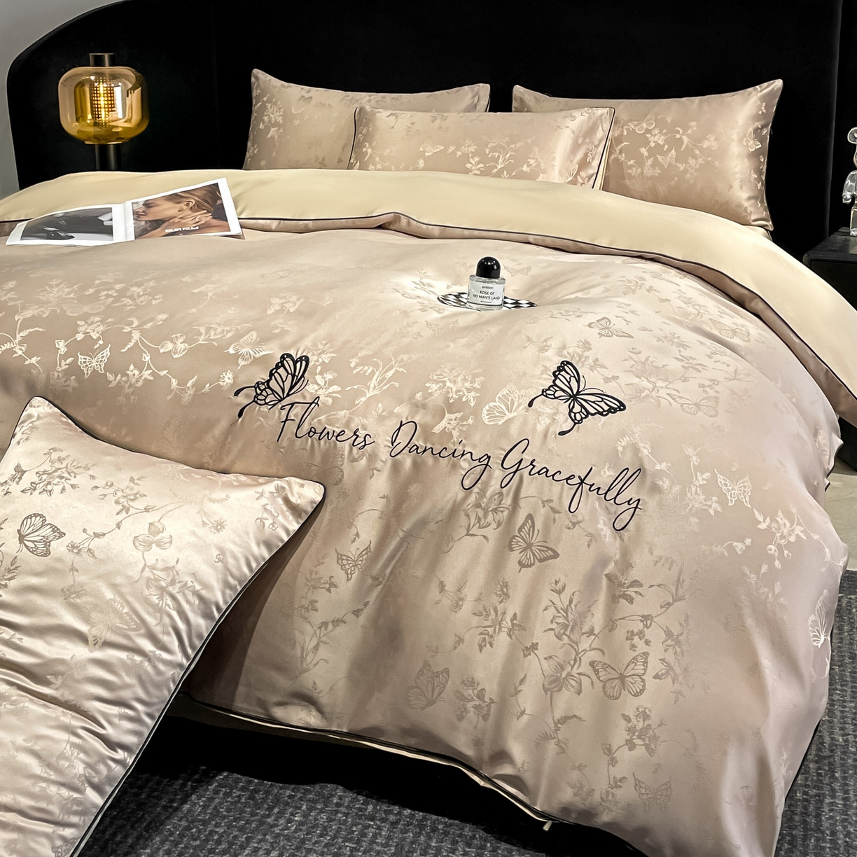 慕澄家纺 2026新款厚织亮丝提花刺绣水洗真丝四件套 蝶恋花-香槟金