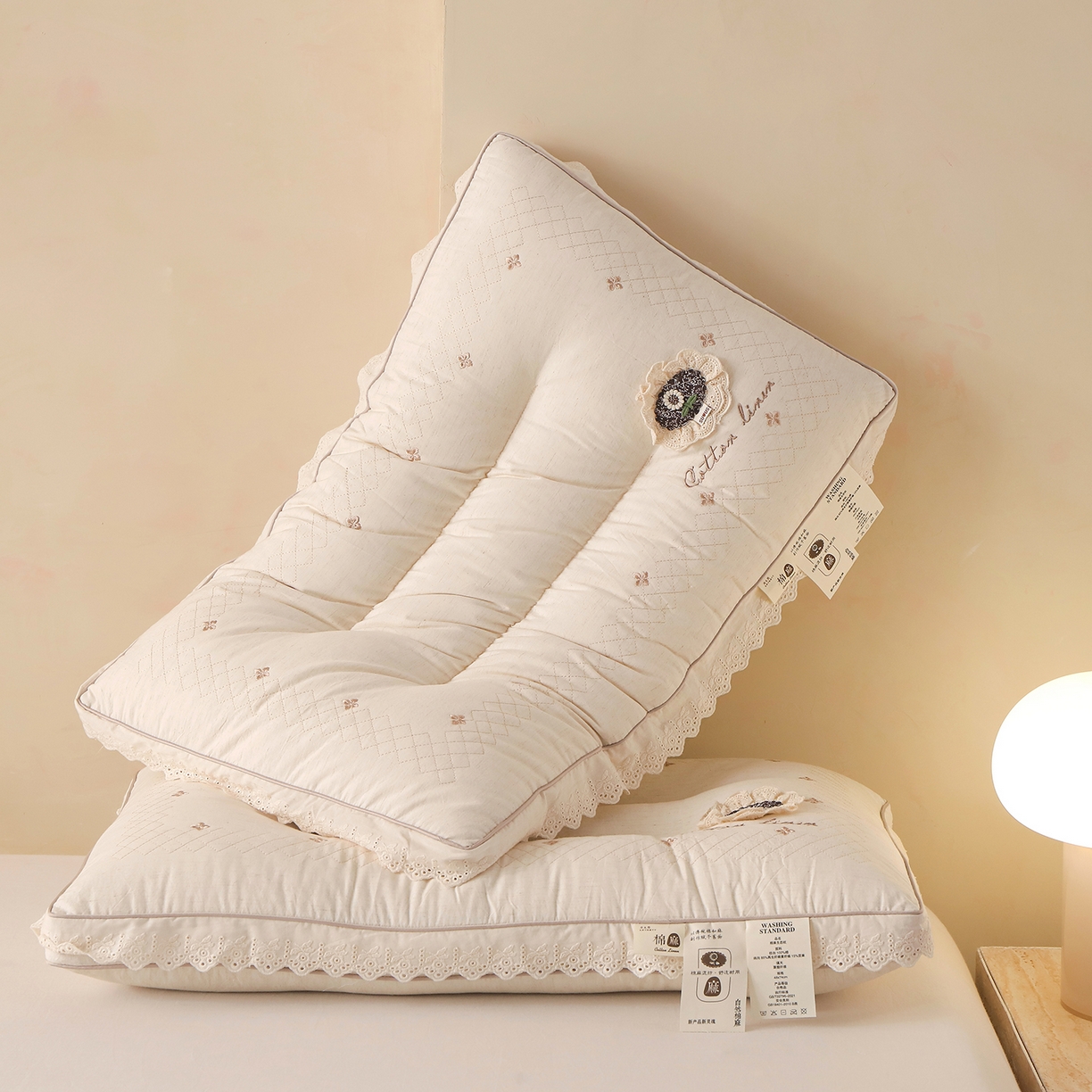 91家纺网 家纺一手货源 找家纺 （总）云熙枕业 2026新款原生态全棉麻立体绣花款花边护颈枕头枕芯