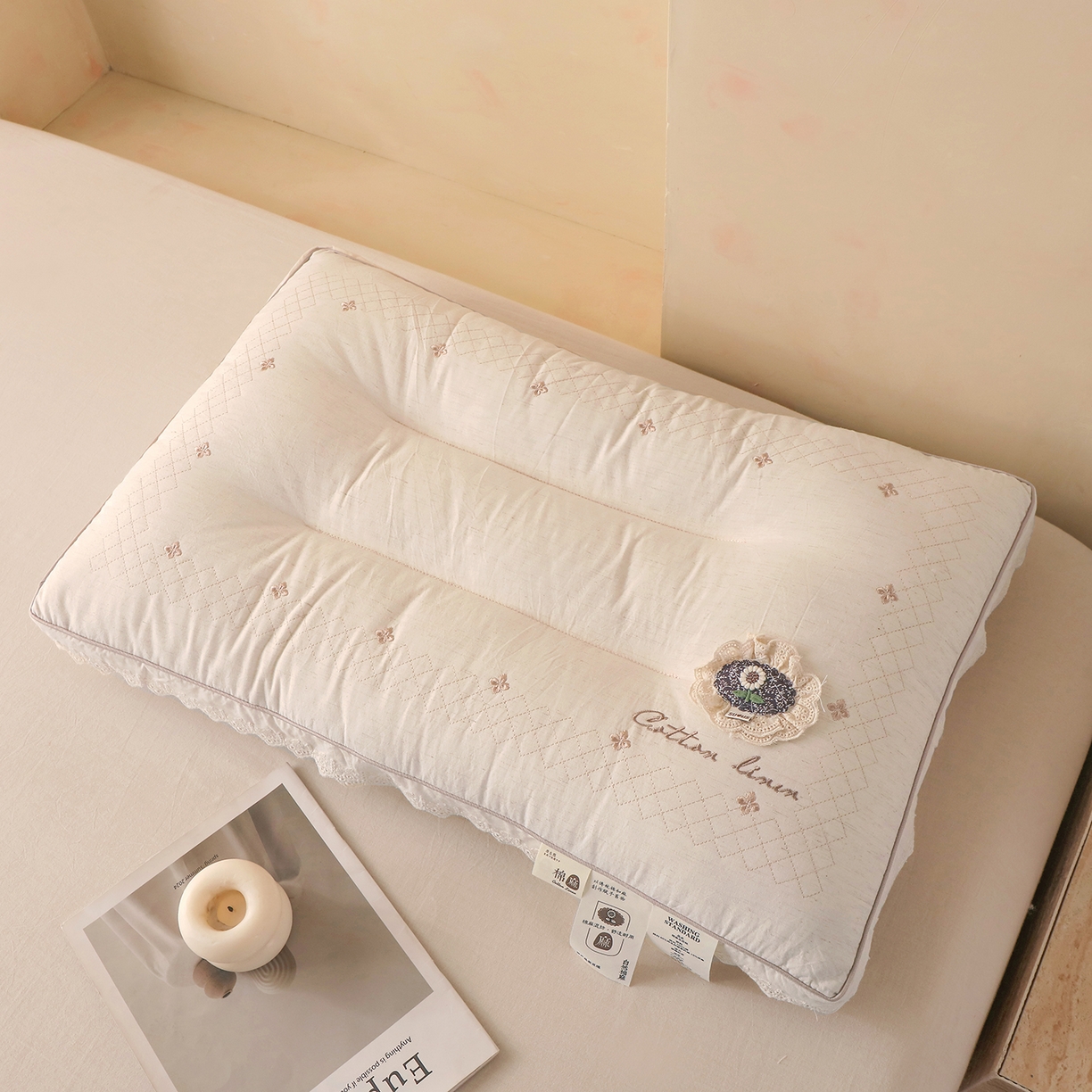 91家纺网 家纺一手货源 找家纺 （总）云熙枕业 2026新款原生态全棉麻立体绣花款花边护颈枕头枕芯