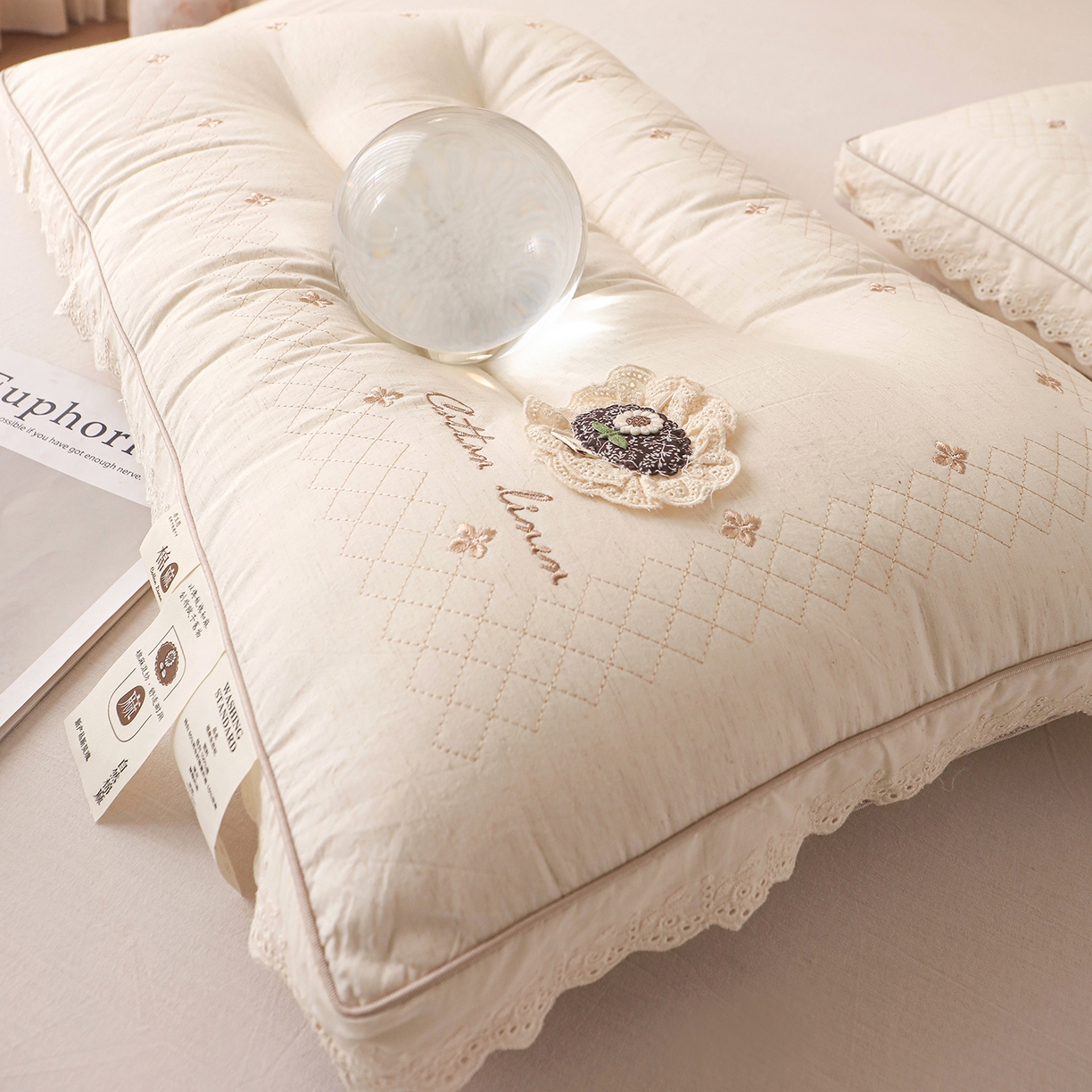 91家纺网 家纺一手货源 找家纺 （总）云熙枕业 2026新款原生态全棉麻立体绣花款花边护颈枕头枕芯