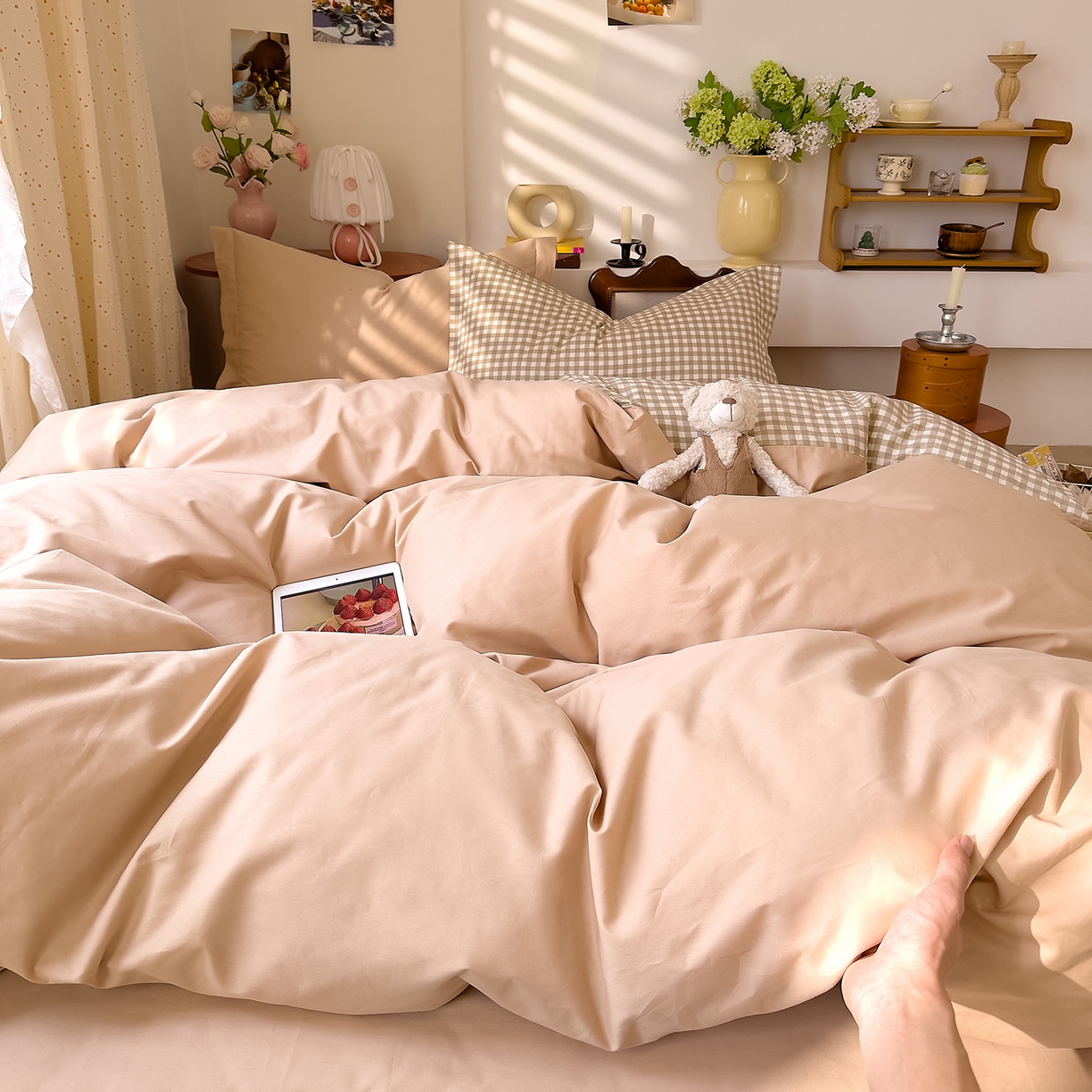 91家纺网 家纺一手货源 找家纺 DoDo 兜兜 2026年全棉纯棉ins风小清新四件套 太妃奶盖-枕套混搭（格子+纯色）