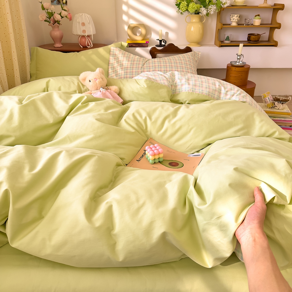 91家纺网 家纺一手货源 找家纺 DoDo 兜兜 2026年全棉纯棉ins风小清新四件套 彩虹奶盖-枕套混搭（格子+纯色）