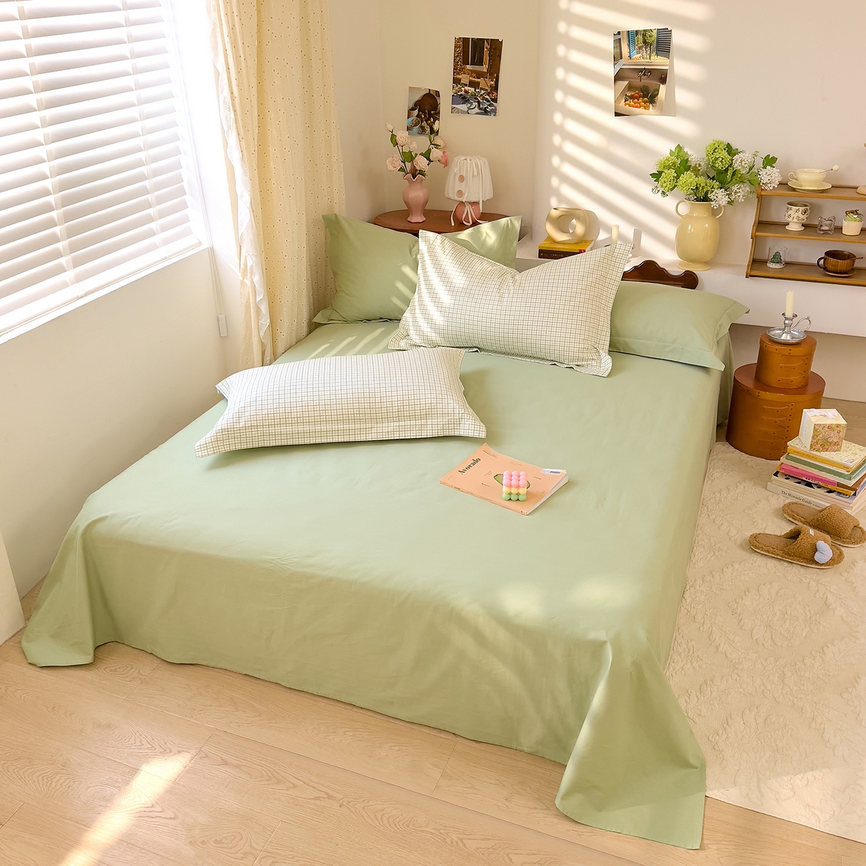 91家纺网 家纺一手货源 找家纺 DoDo 兜兜 2026年全棉纯棉ins风小清新四件套 青提奶盖-枕套1对格子