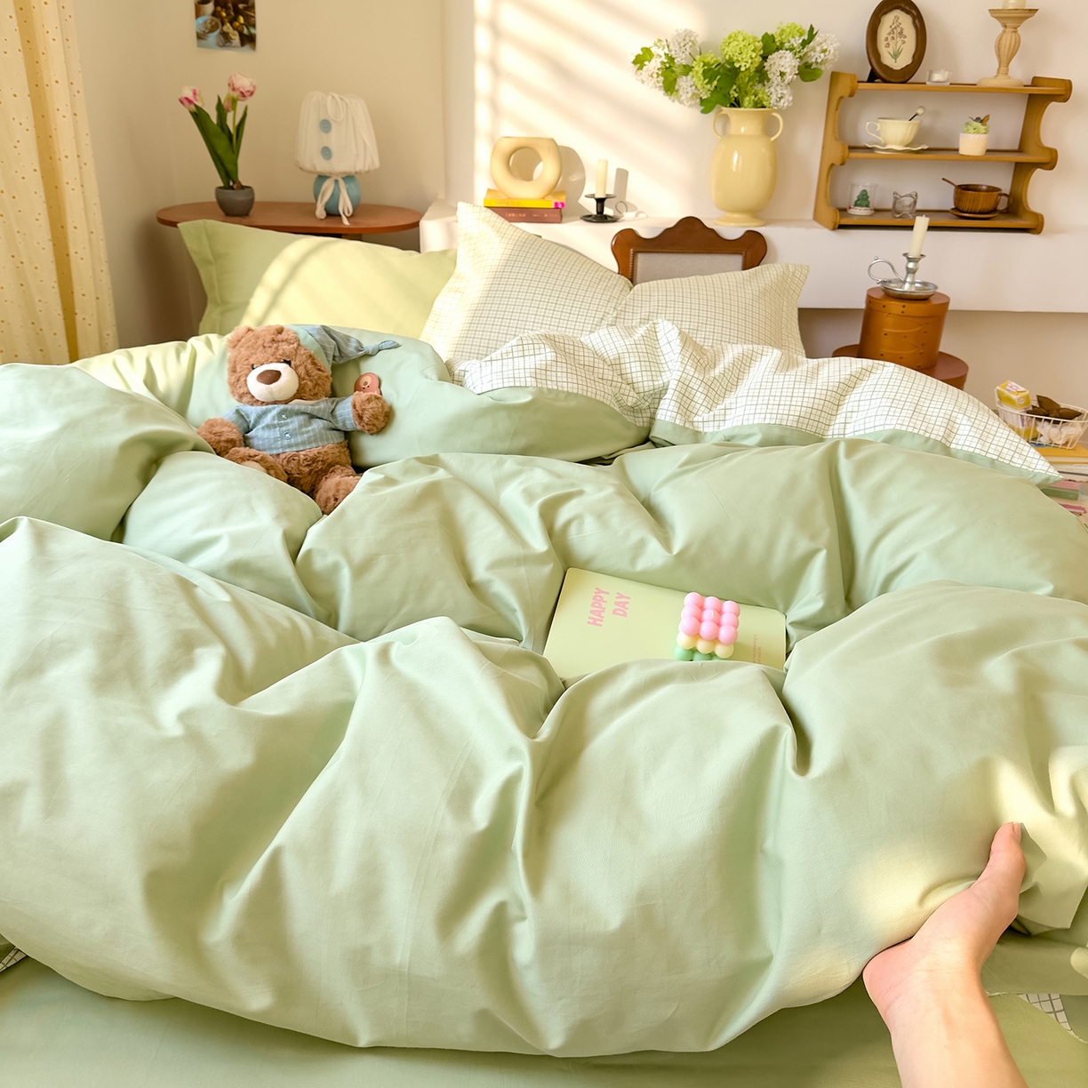 91家纺网 家纺一手货源 找家纺 DoDo 兜兜 2026年全棉纯棉ins风小清新四件套 青提奶盖-枕套1对格子