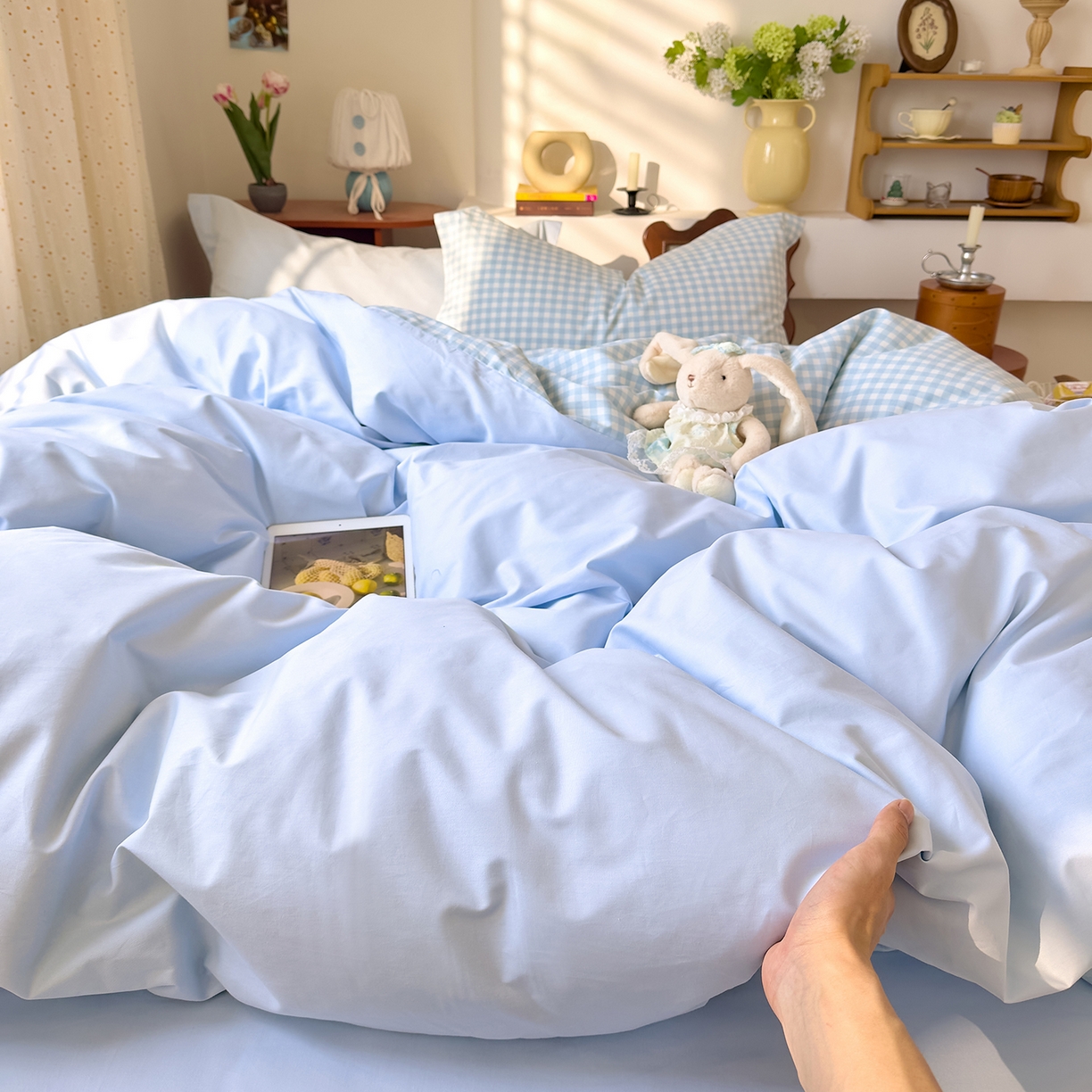 91家纺网 家纺一手货源 找家纺 DoDo 兜兜 2026年全棉纯棉ins风小清新四件套 晴空奶盖--枕套混搭（格子+纯色）