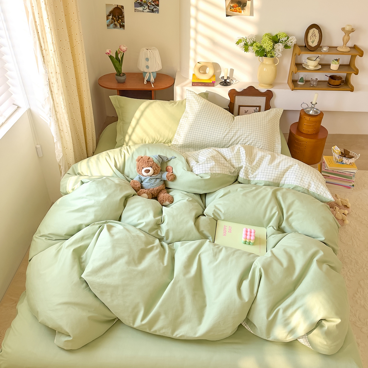 91家纺网 家纺一手货源 找家纺 DoDo 兜兜 2026年全棉纯棉ins风小清新四件套 青提奶盖-枕套混搭（格子+纯色）