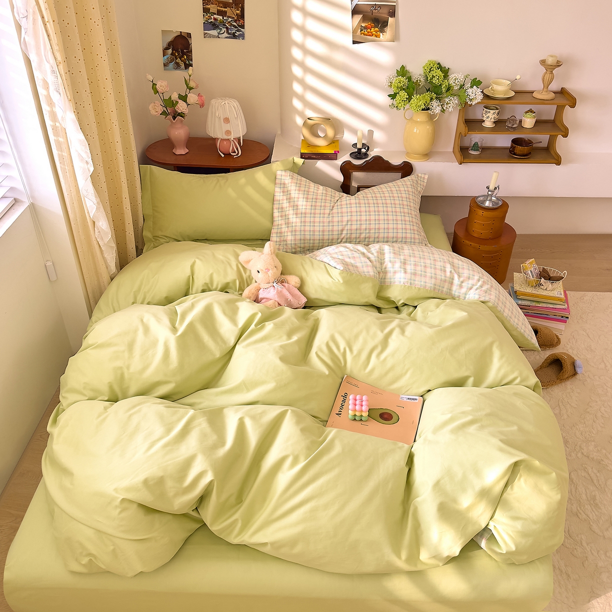 91家纺网 家纺一手货源 找家纺 DoDo 兜兜 2026年全棉纯棉ins风小清新四件套 彩虹奶盖-枕套混搭（格子+纯色）