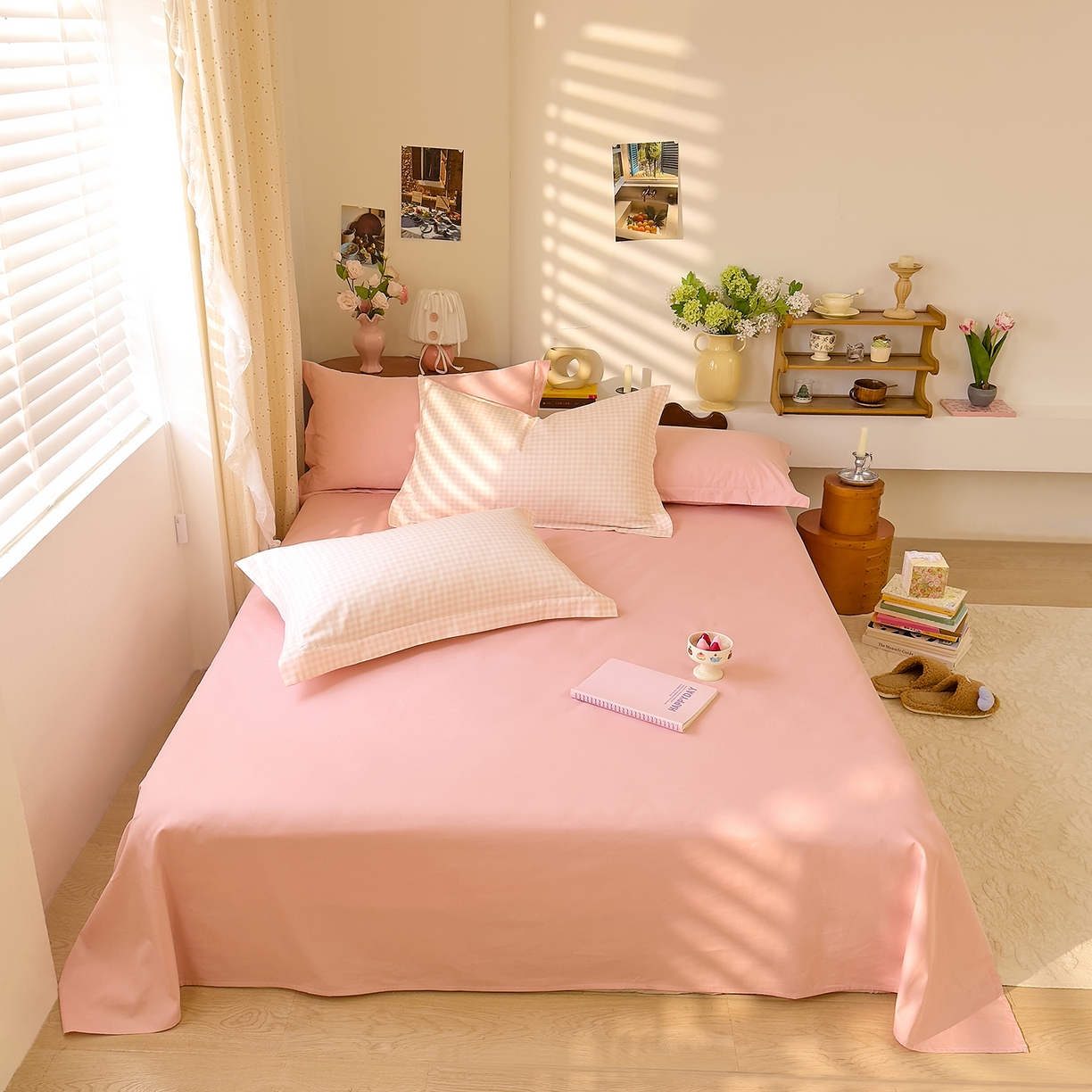 91家纺网 家纺一手货源 找家纺 DoDo 兜兜 2026年全棉纯棉ins风小清新四件套 樱粉奶盖-枕套1对格子