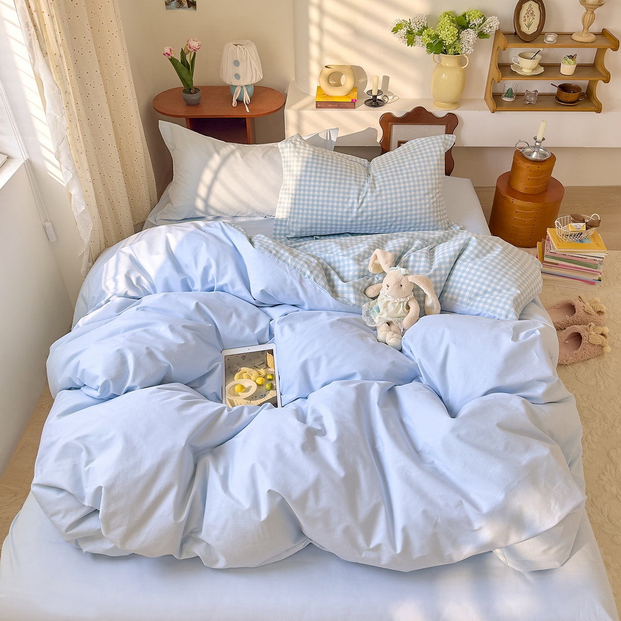 91家纺网 家纺一手货源 找家纺 DoDo 兜兜 2026年全棉纯棉ins风小清新四件套 晴空奶盖--枕套混搭（格子+纯色）