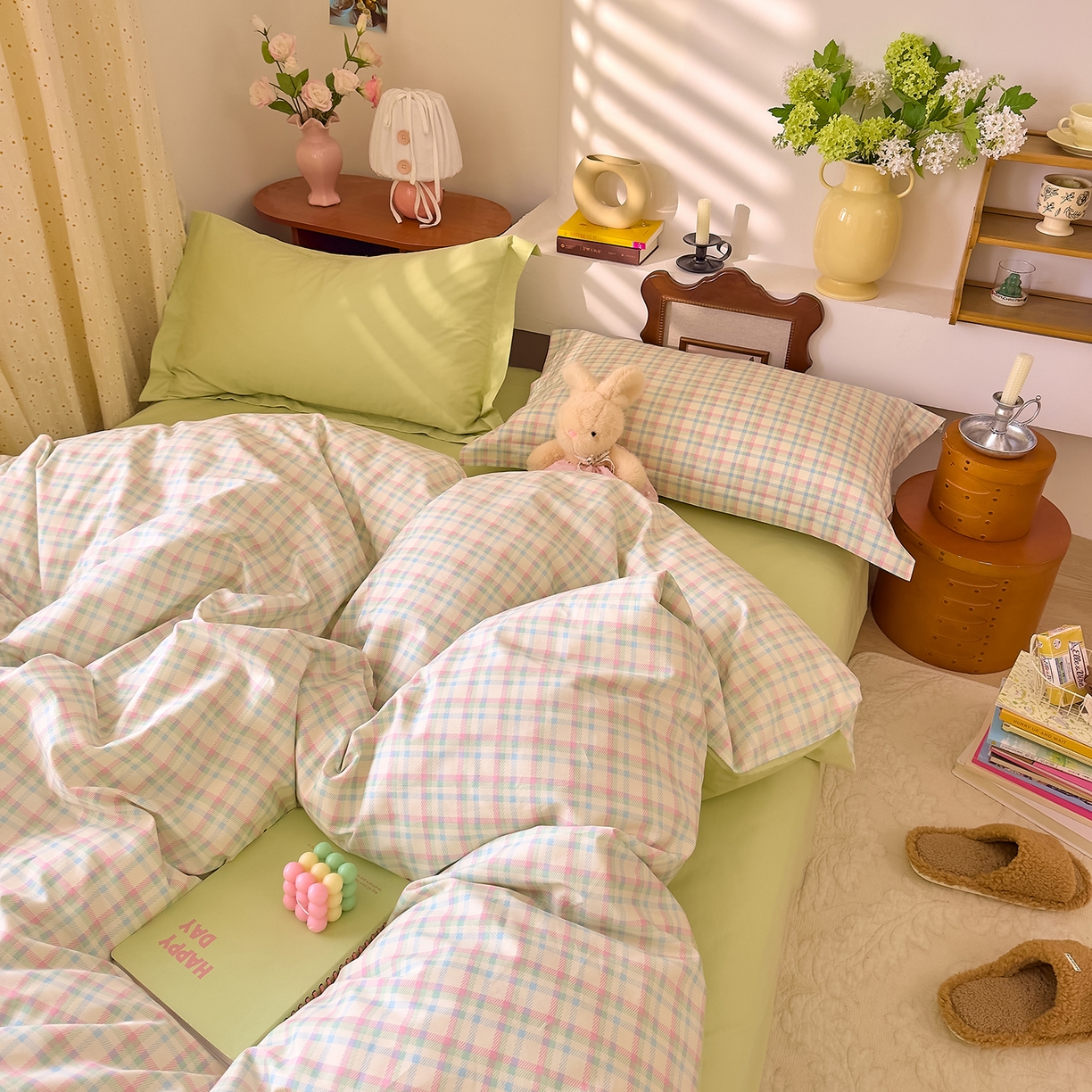 DoDo 兜兜 2026年全棉纯棉ins风小清新四件套 彩虹奶盖-枕套混搭（格子+纯色）