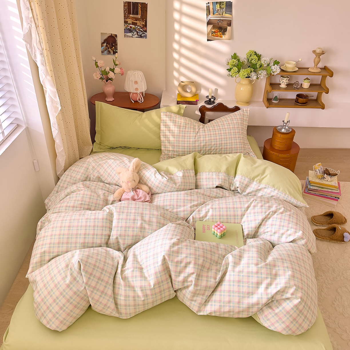 91家纺网 家纺一手货源 找家纺 DoDo 兜兜 2026年全棉纯棉ins风小清新四件套 彩虹奶盖-枕套混搭（格子+纯色）