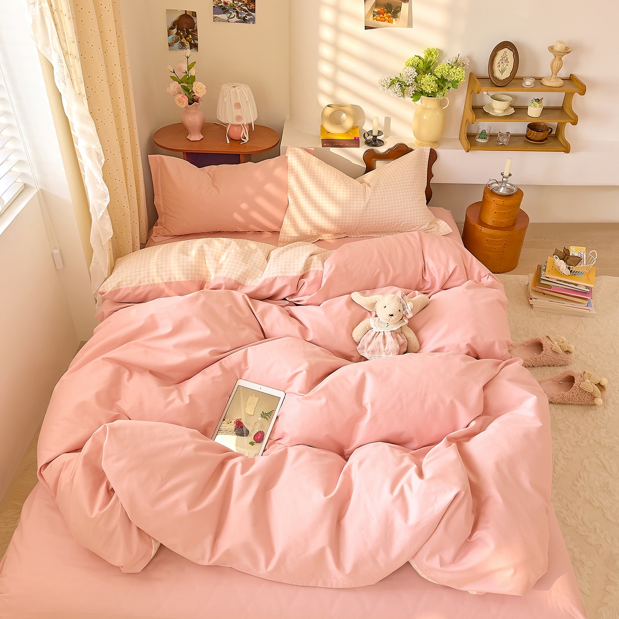 91家纺网 家纺一手货源 找家纺 DoDo 兜兜 2026年全棉纯棉ins风小清新四件套 樱粉奶盖-枕套1对格子